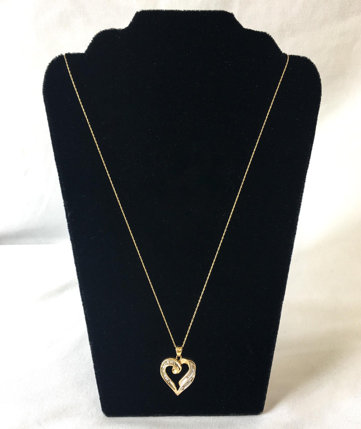 10K Gold Baguette Diamond Heart Necklace, 19" Chain