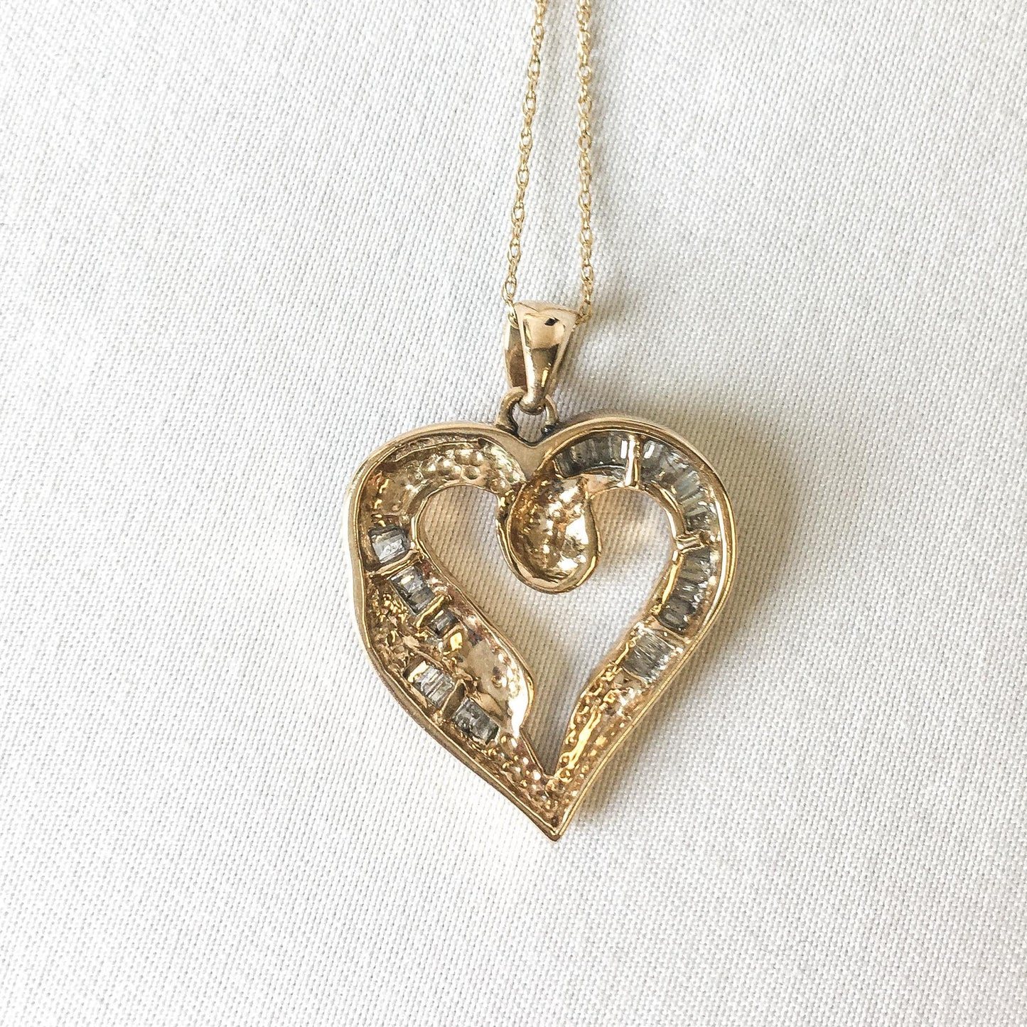 10K Gold Baguette Diamond Heart Necklace, 19" Chain