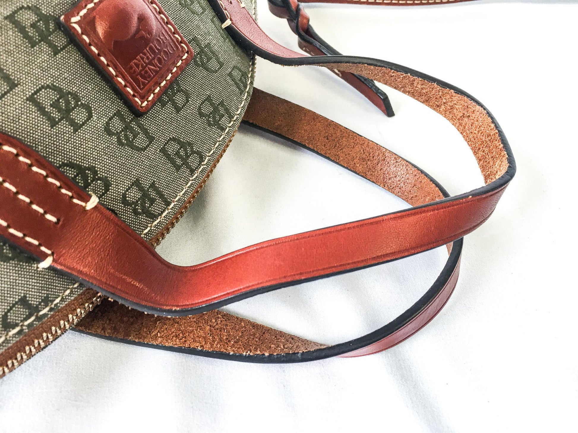 Vintage Dooney and Bourke Light Olive Green Canvas Monogram Olivia Satchel Crossbody Bag, Vintage Dooney and Bourke Handbag