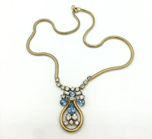 Vintage 1950s Leo Glass Blue and White Rhinestone Gold Tone Necklace