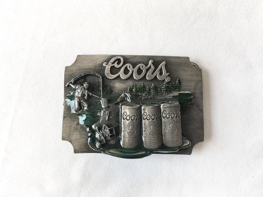 Vintage 90s Siskiyou Coors Fishing Pewter and Green Enamel Belt Buckle, Vintage Coors Apparel