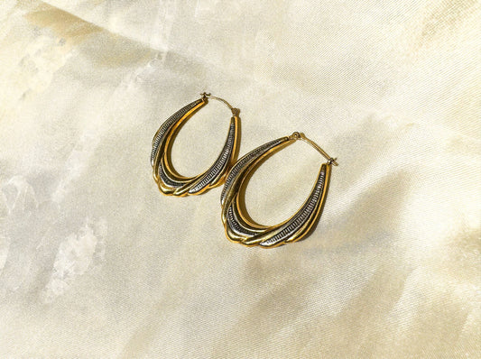 14K MB Textured Two Tone Oblong Hoop Earrings, 1.4g Each