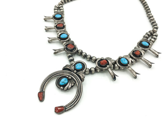 Vintage Pat Platero Squash Blossom Turquoise and Coral Sterling Necklace, Vintage Patina