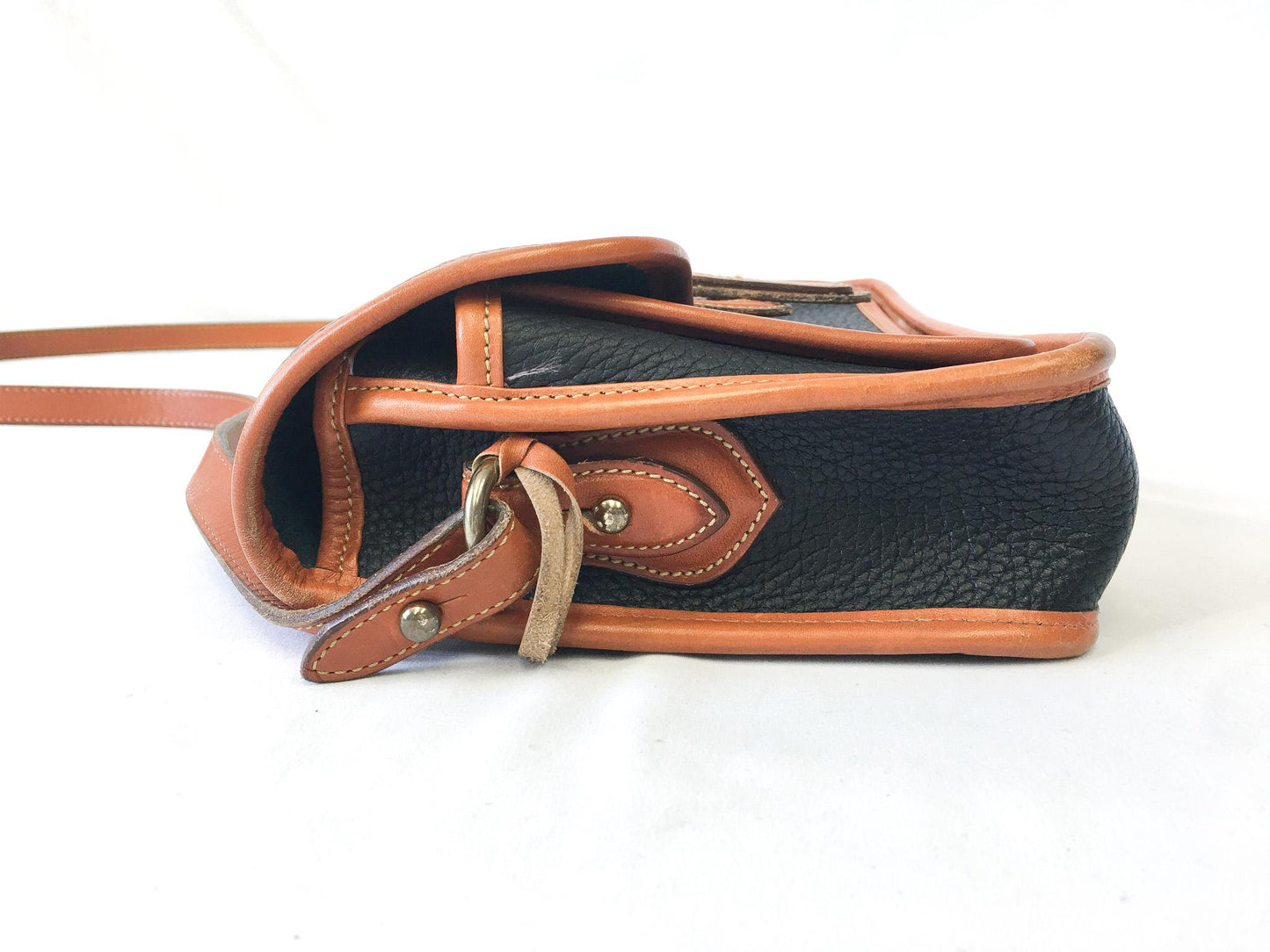 Vintage Dooney and Bourke Dark Navy and Tan All Weather Equestrian Leather Crossbody Bag, Vintage Dooney Handbag