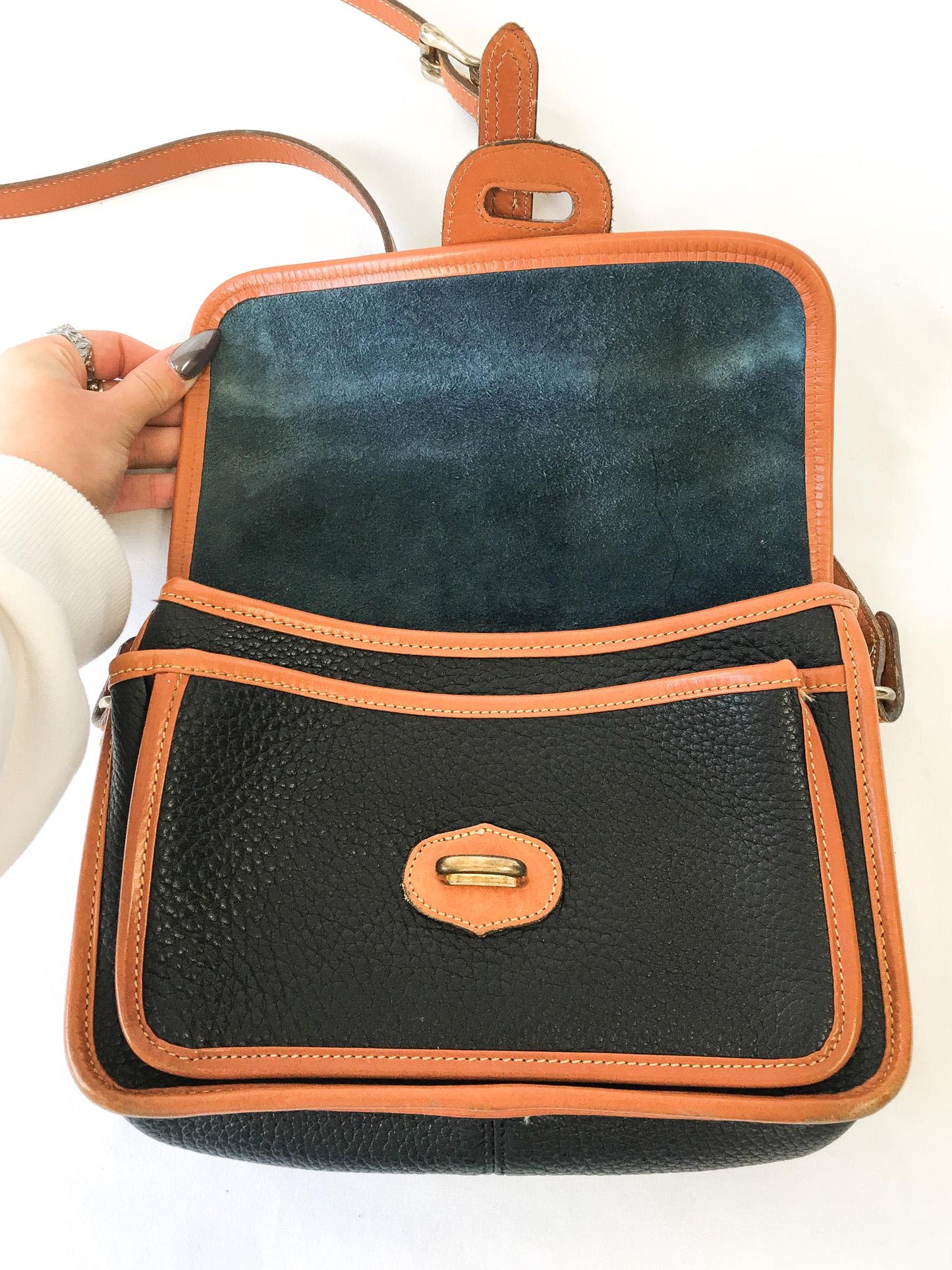 Vintage Dooney and Bourke Dark Navy and Tan All Weather Equestrian Leather Crossbody Bag, Vintage Dooney Handbag