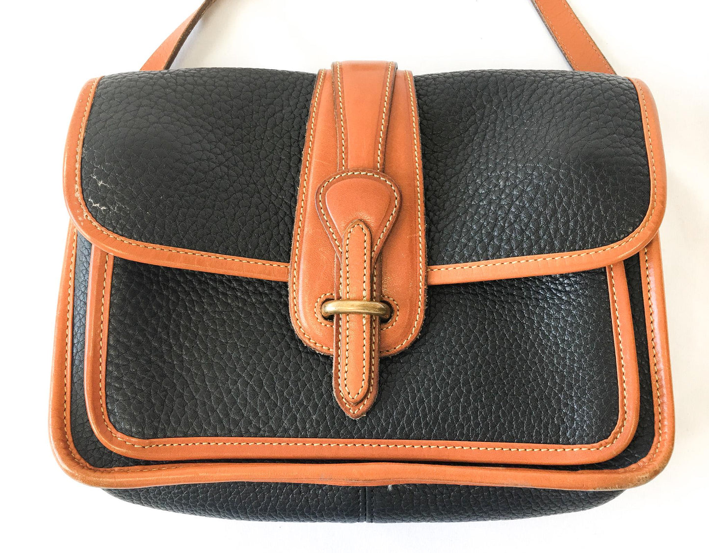 Vintage Dooney and Bourke Dark Navy and Tan All Weather Equestrian Leather Crossbody Bag, Vintage Dooney Handbag