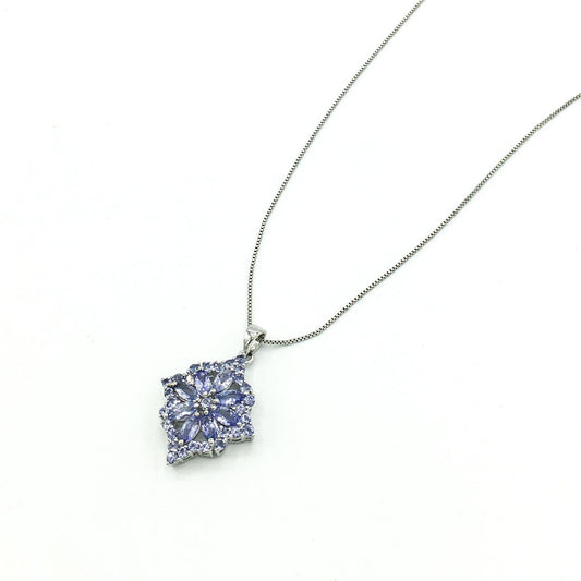 925 Silver Tanzanite Halo Starburst Pendant Necklace on 925 Chain, 18-20"