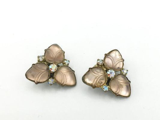 Vintage 1960s West Germany Three Point Satin Glass and Rhinestone Brass Clip-on Earrings