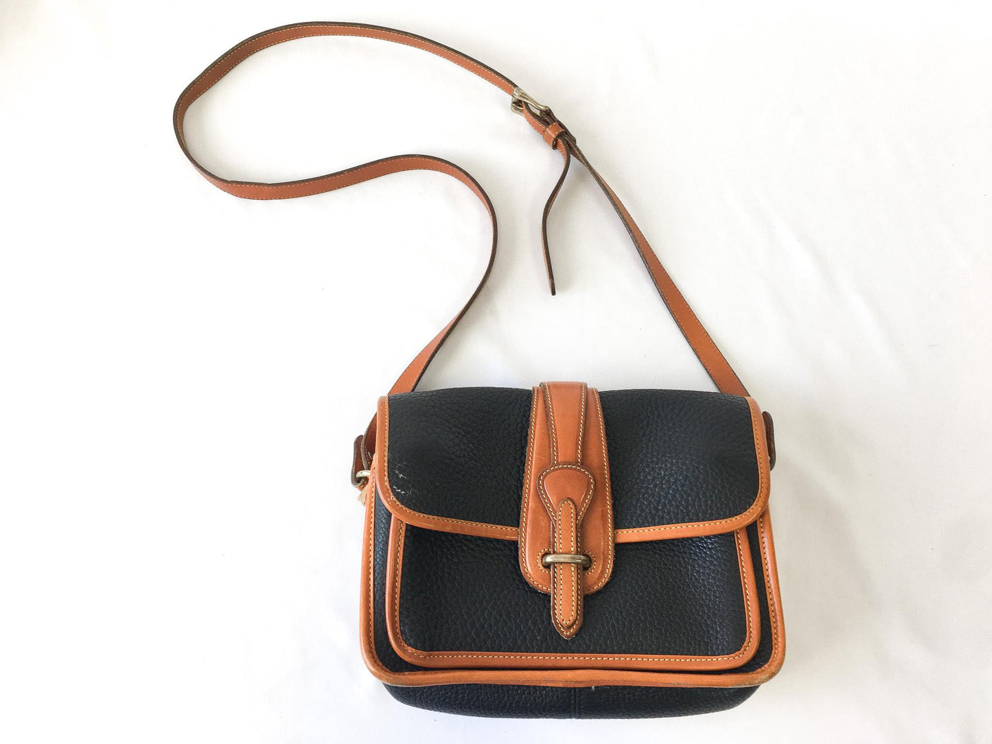 Vintage Dooney and Bourke Dark Navy and Tan All Weather Equestrian Leather Crossbody Bag, Vintage Dooney Handbag