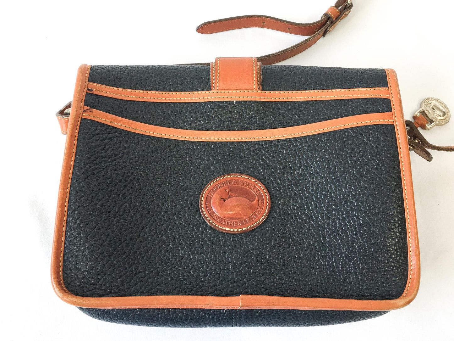 Vintage Dooney and Bourke Dark Navy and Tan All Weather Equestrian Leather Crossbody Bag, Vintage Dooney Handbag