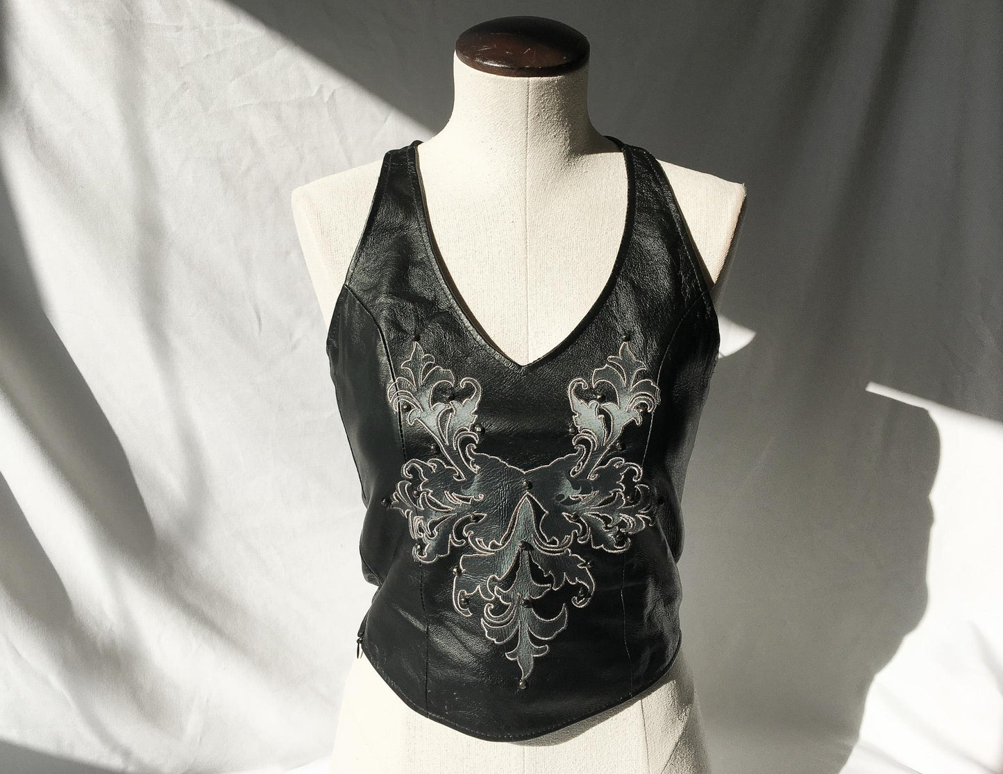 Vintage Black Leather Gray Embroidered and Studded Halter Corset Top, Sz. XS, Vintage Biker Motorcycle Tank Top