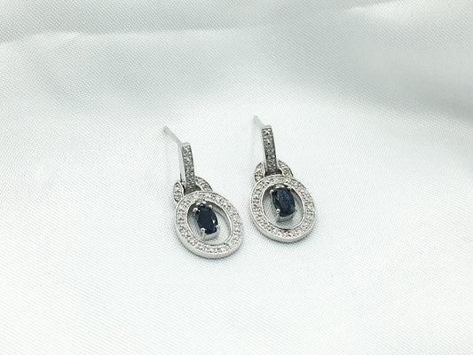 925 Sterling Silver Genuine Diamond and Black Sapphire Dangle Earrings