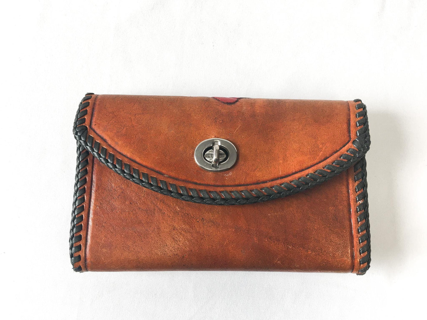 Vintage 70s Handcrafted Tooled Leather Wallet with Hand-Painted Engraved Floral Design, Vintage Western Boho Wallet