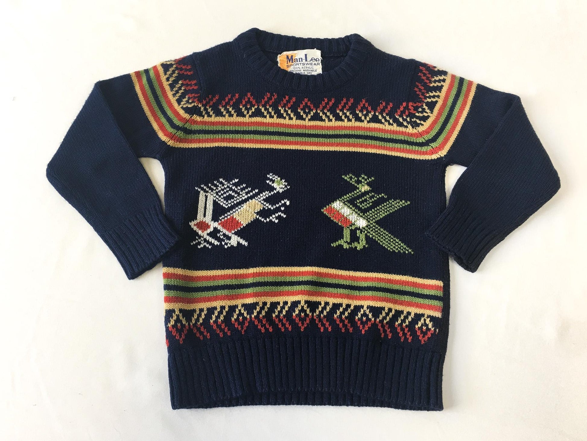 Vintage 60s Man-Lee Sportswear Navy Multicolor Abstract Animals Sweater, Vintage Children's Sweater