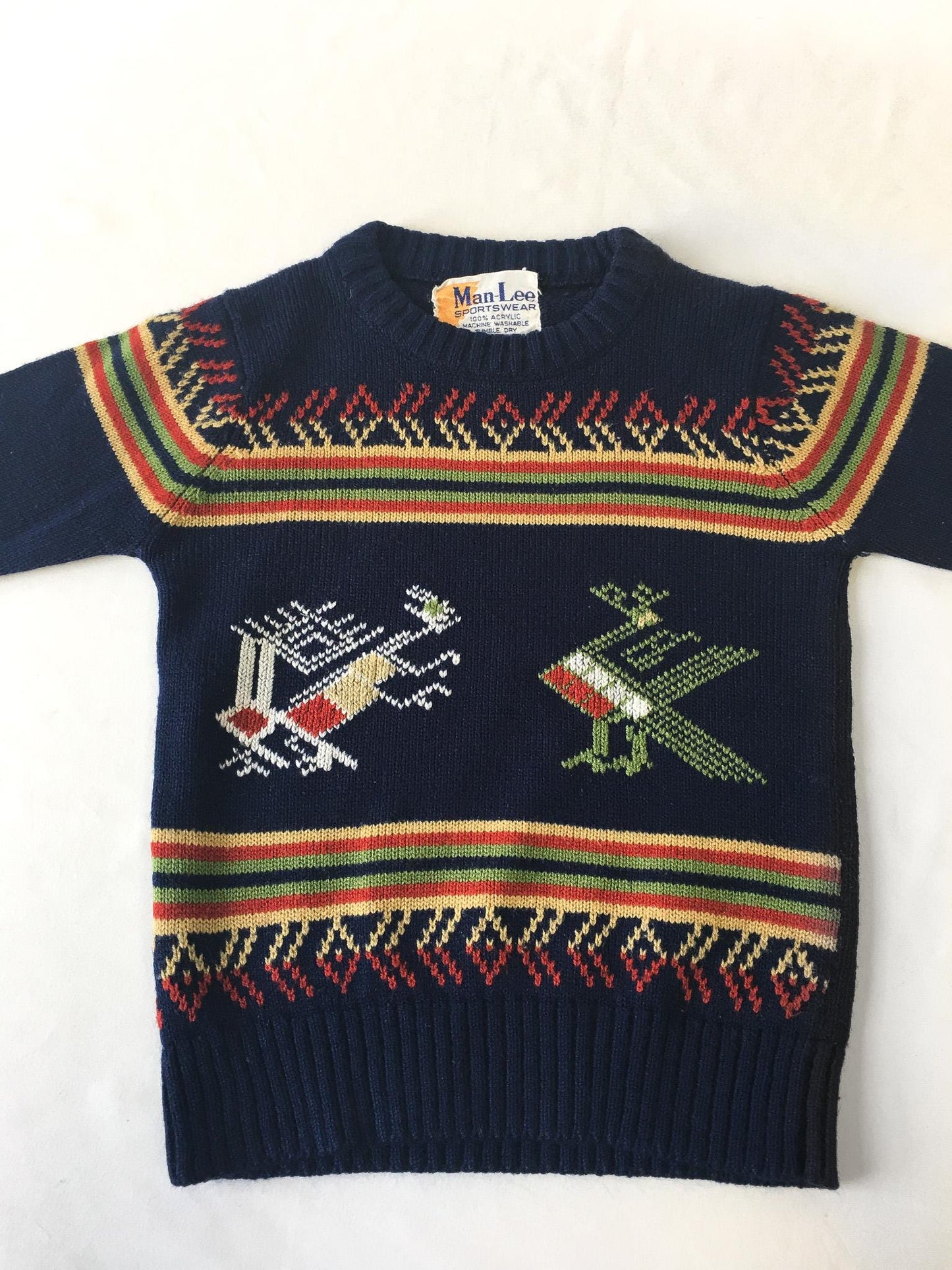 Vintage 60s Man-Lee Sportswear Navy Multicolor Abstract Animals Sweater, Vintage Children's Sweater