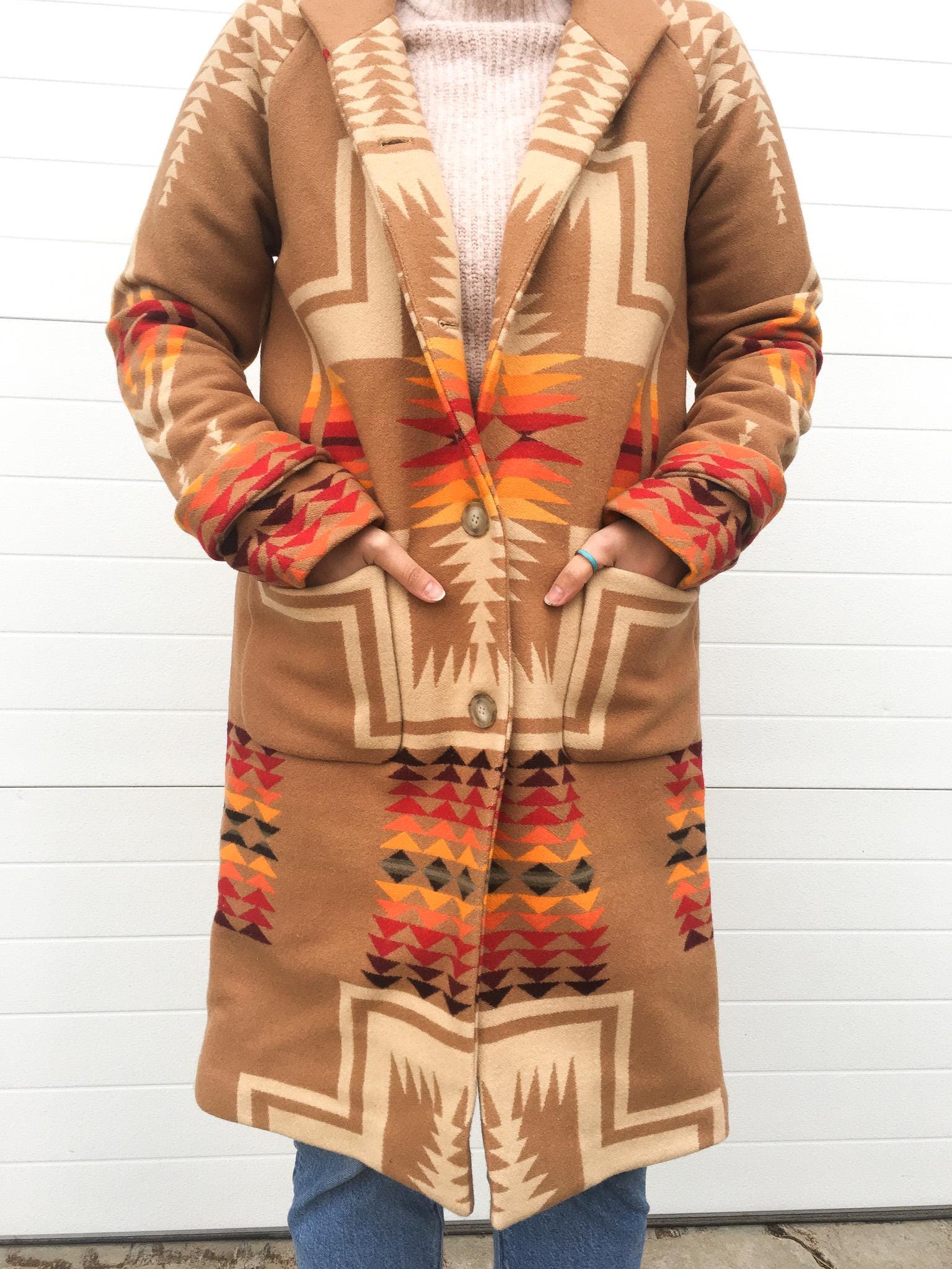 Vintage Inspired Pendleton Archive Harding Brown Aztec Wool Coat, Women's Sz. M, Western Southwest Style Coat