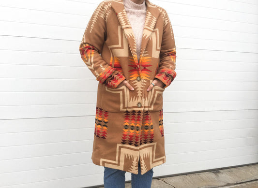 Vintage Inspired Pendleton Archive Harding Brown Aztec Wool Coat, Women's Sz. M, Western Southwest Style Coat