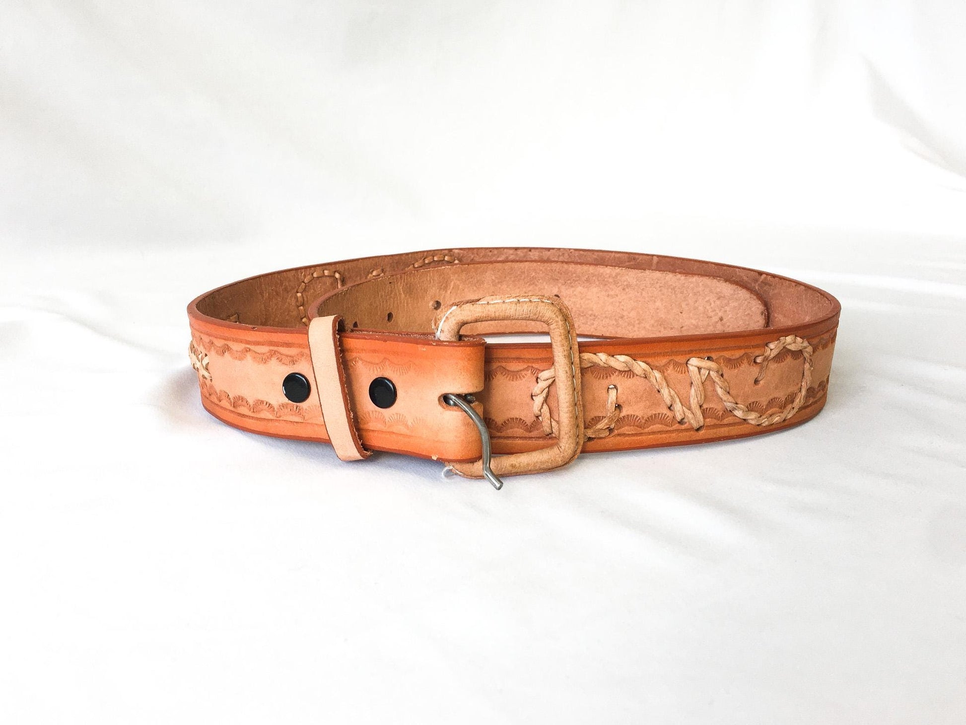 Vintage Handcrafted Orange and Tan Woven and Tooled Leather Belt, Made in Mexico, Sz. 38, Vintage Western Belt