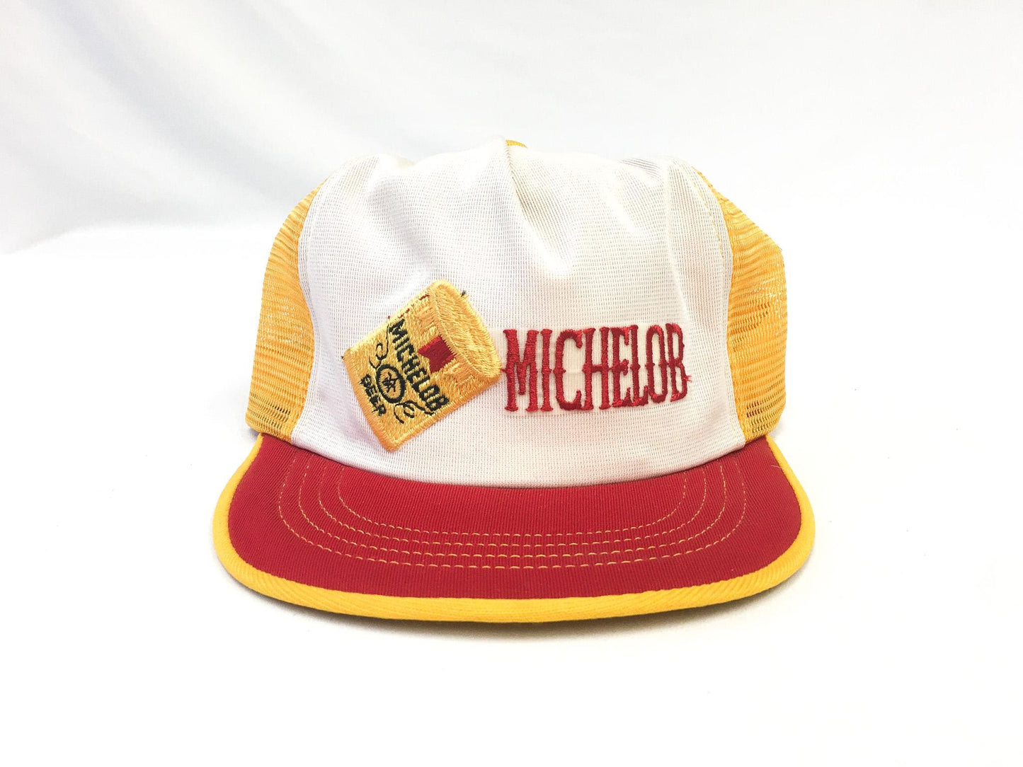 Vintage 90s Michelob White, Red and Yellow Embroidered Mesh Trucker Hat, Vintage Beer Flatbrim Baseball Cap