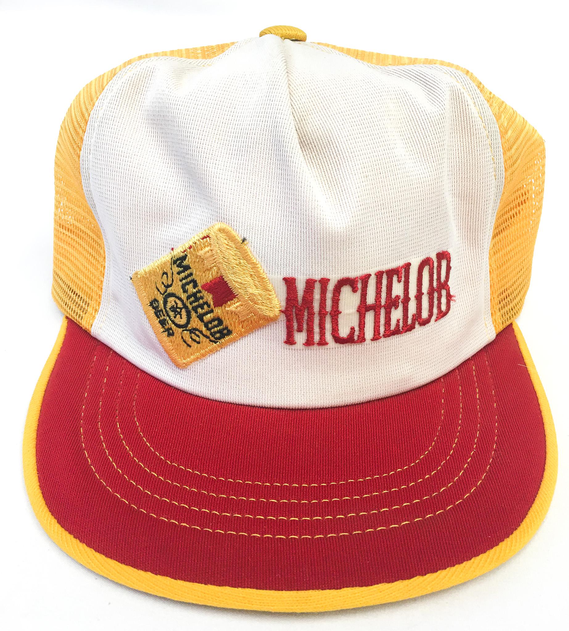 Vintage 90s Michelob White, Red and Yellow Embroidered Mesh Trucker Hat, Vintage Beer Flatbrim Baseball Cap