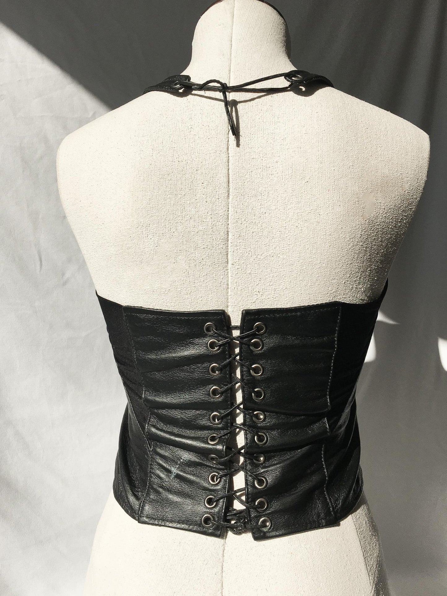 Vintage Black Leather Gray Embroidered and Studded Halter Corset Top, Sz. XS, Vintage Biker Motorcycle Tank Top