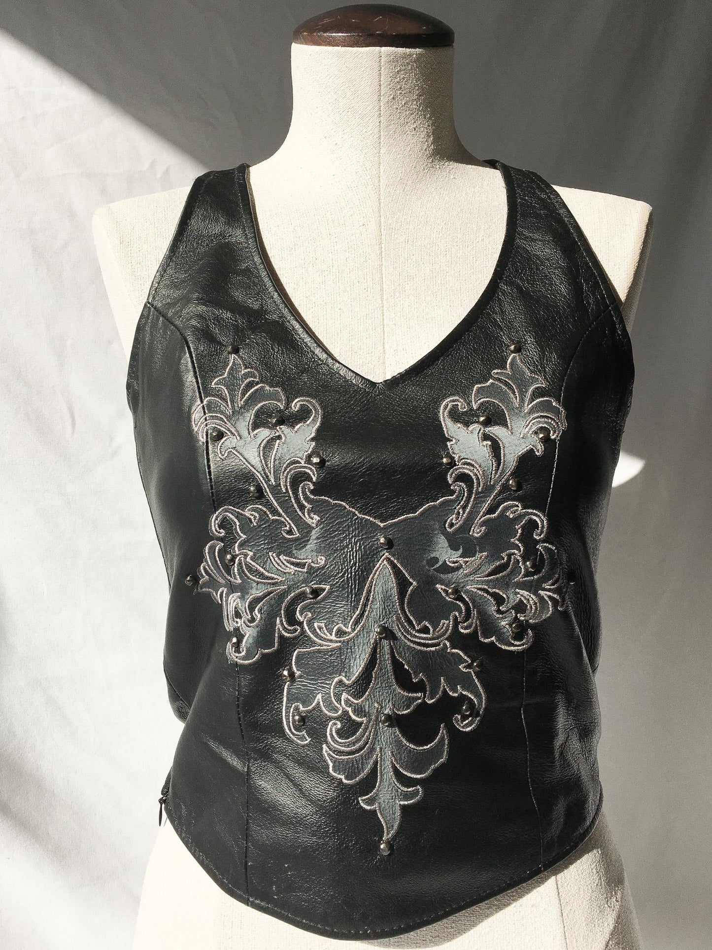 Vintage Black Leather Gray Embroidered and Studded Halter Corset Top, Sz. XS, Vintage Biker Motorcycle Tank Top