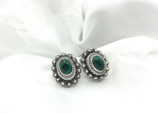 Vintage 925 Mexico TS-15 Malachite Yemenite Filigree Clip-on Earrings