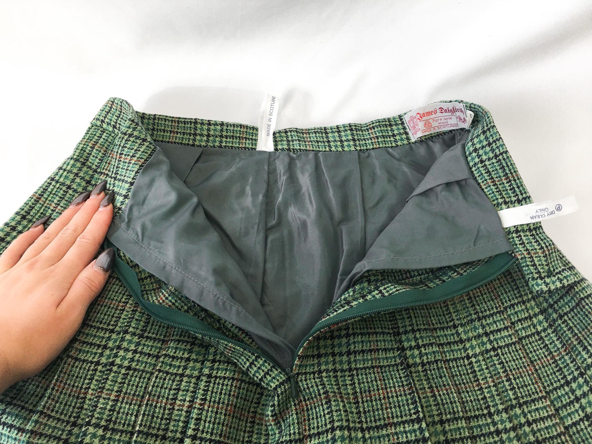 Vintage James Dalgiesh Green Plaid Wool Skirt, Vintage Sz. 12