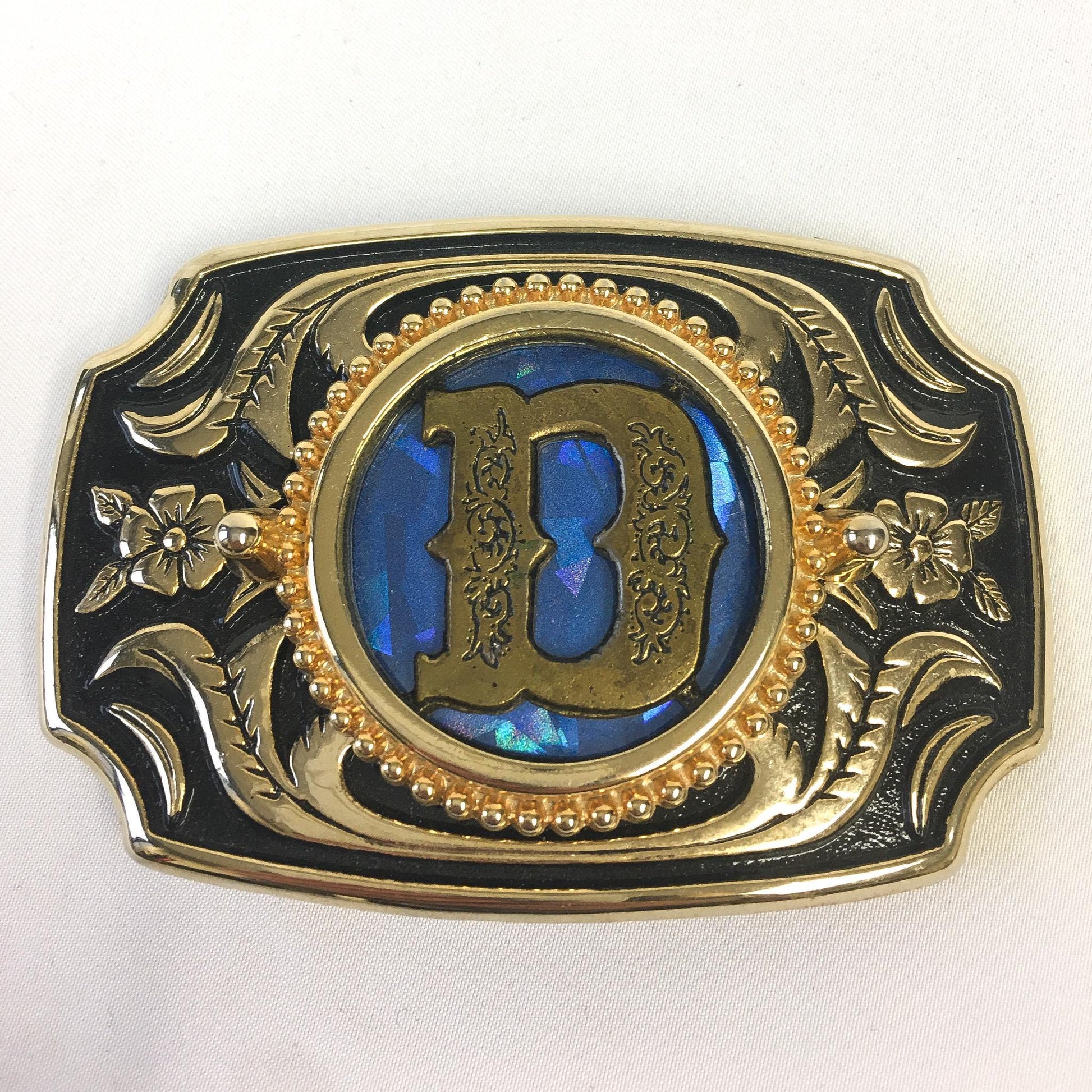 Vintage Gold and Blue "D" Initial Belt Buckle with Floral Engraving Detail, Vintage Western Belt Buckle