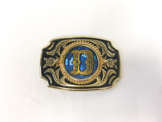 Vintage Gold and Blue "D" Initial Belt Buckle with Floral Engraving Detail, Vintage Western Belt Buckle