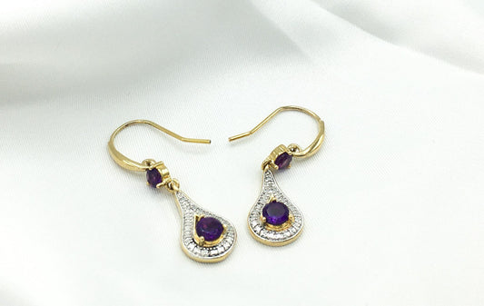 African Purple Amethyst and White Sapphire Teardrop Dangle Earrings