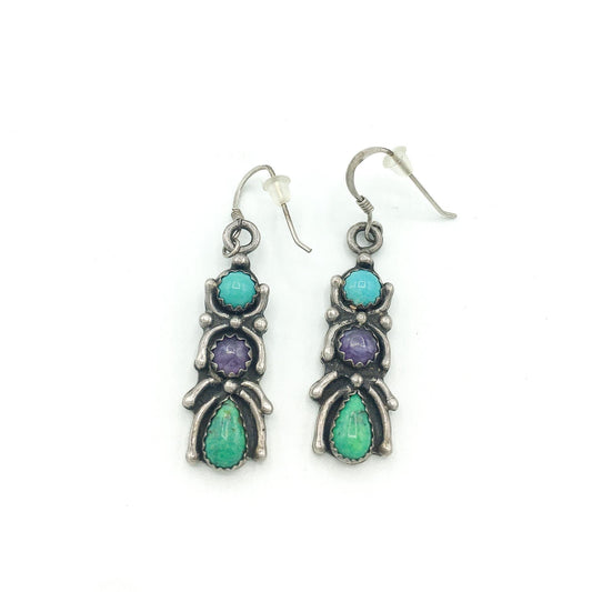 Vintage Charles Johnson 925 Sterling Silver Dangle Earrings with Blue, Purple and Green Turquoise Stones, Spider/Bug Design