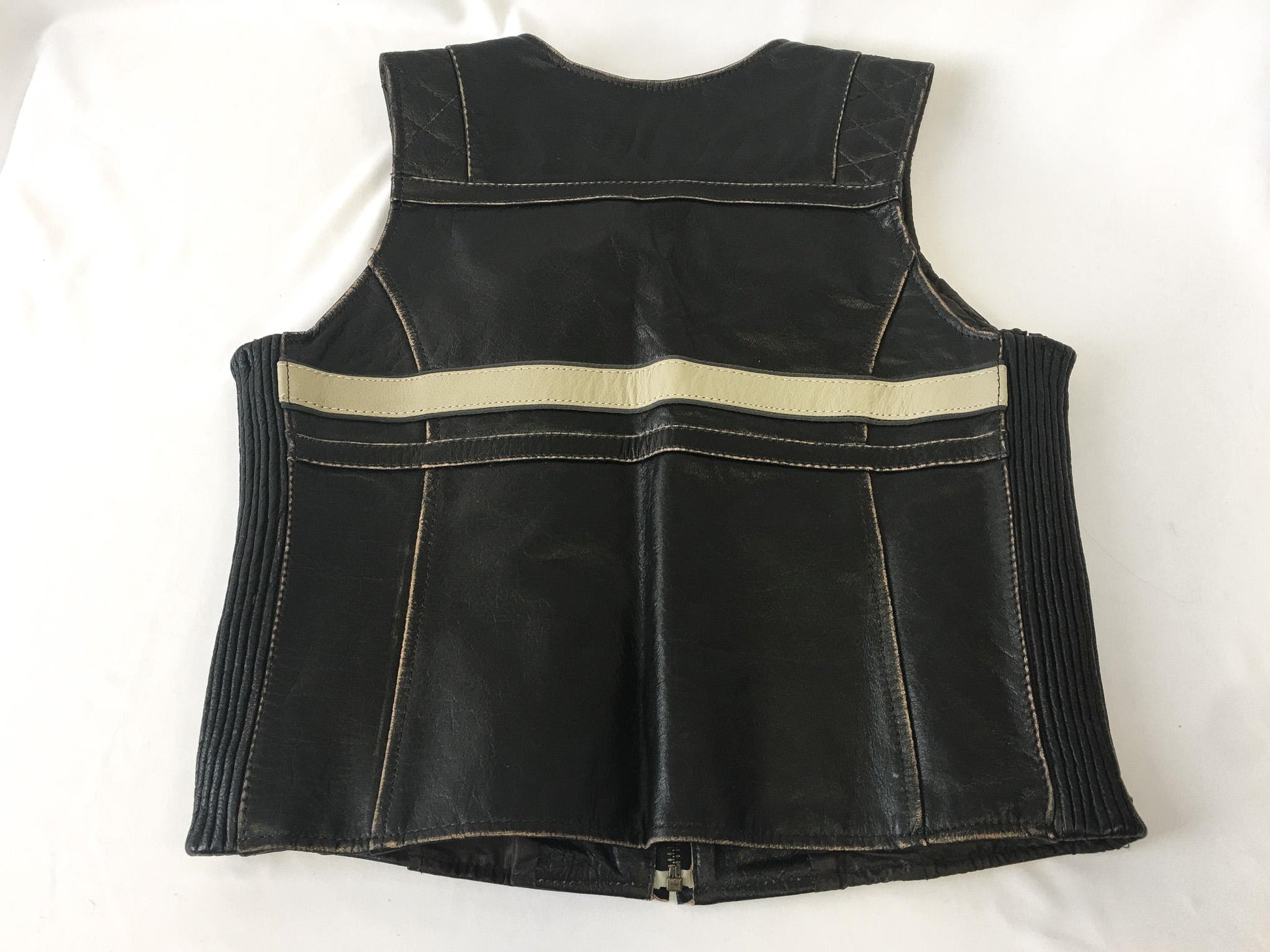 NWT Xelement Distressed Black and Beige Striped Leather Biker Vest, Women's Sz. L, Vintage Motorcycle Vest