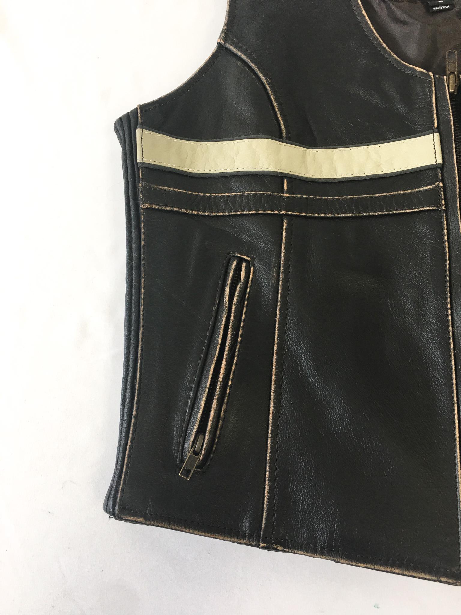 NWT Xelement Distressed Black and Beige Striped Leather Biker Vest, Women's Sz. L, Vintage Motorcycle Vest