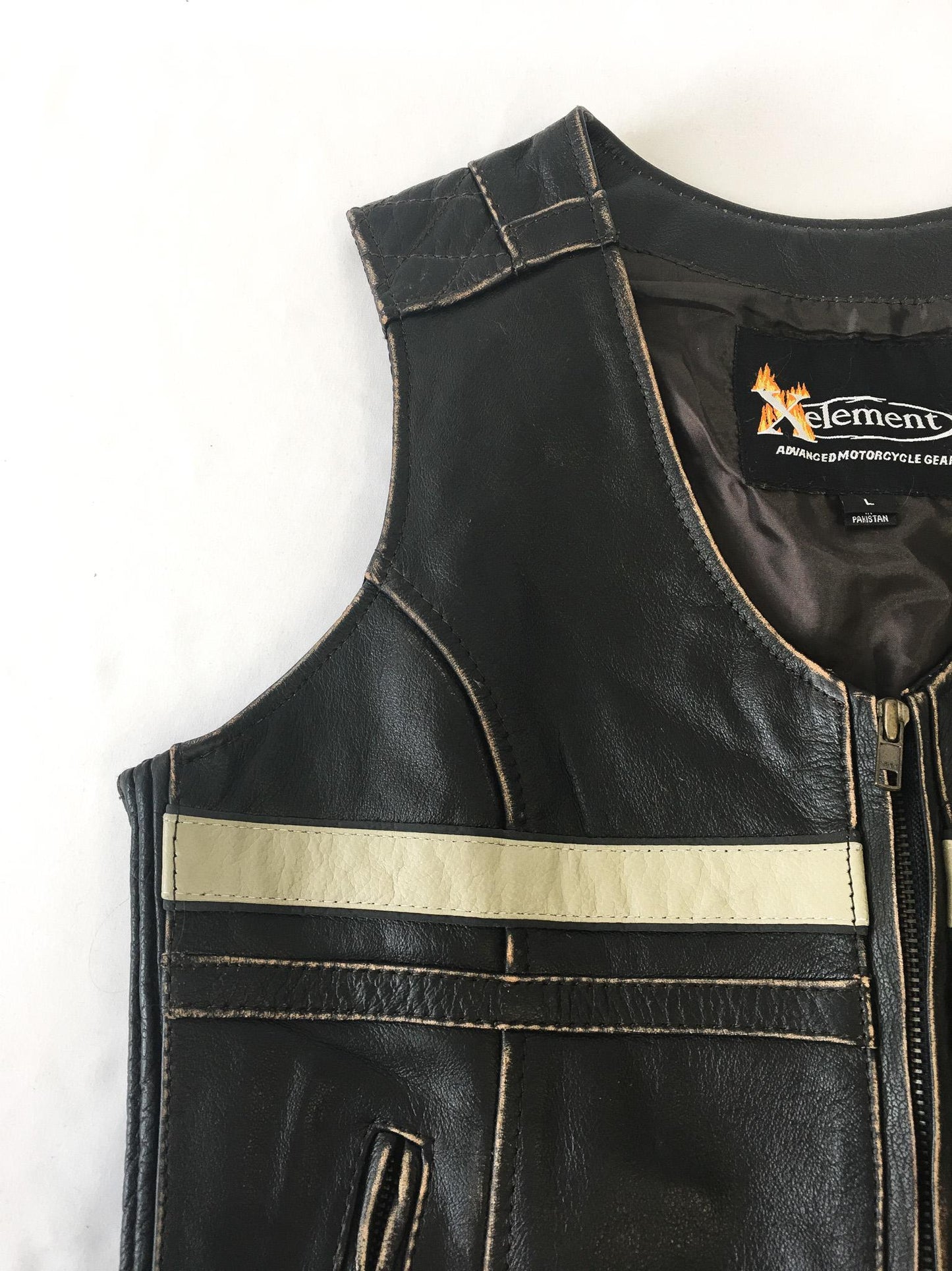 NWT Xelement Distressed Black and Beige Striped Leather Biker Vest, Women's Sz. L, Vintage Motorcycle Vest