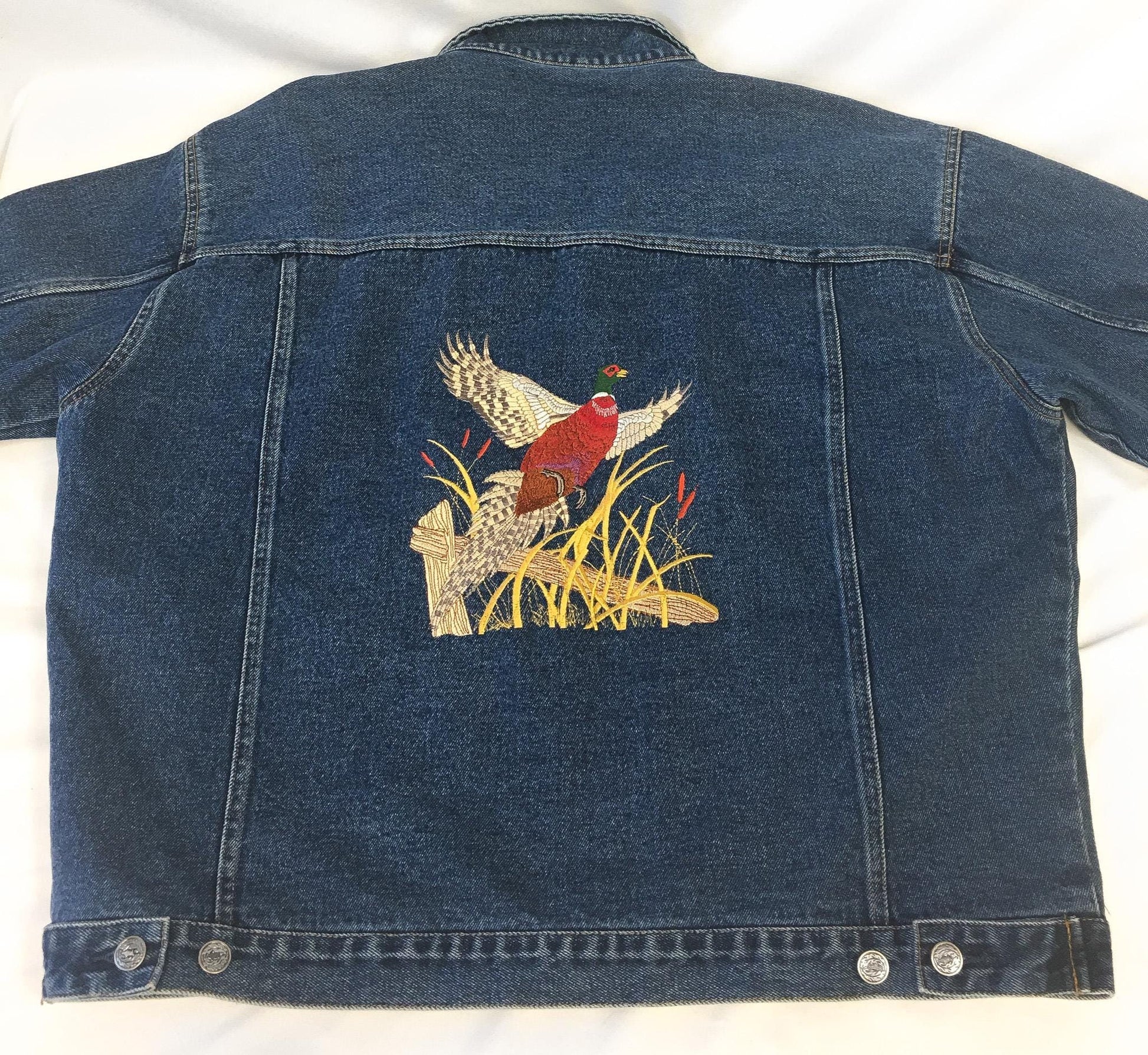 Vintage Most Wanted Dark Wash Pheasant Tractor Embroidered Wildlife Denim Jacket, Sz. XL