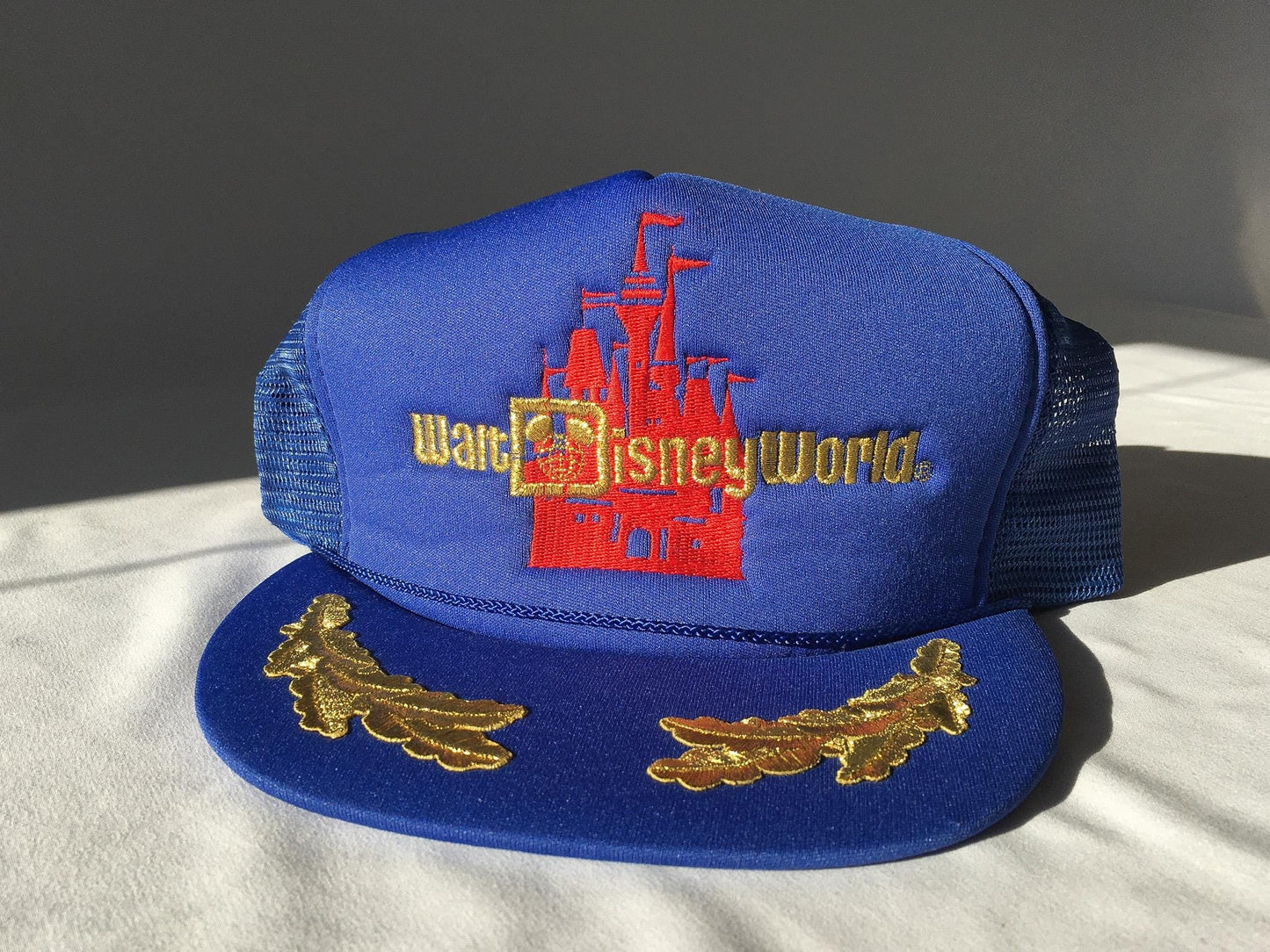 Vintage 80s Walt Disney World Blue Castle Mesh Trucker Flatbrim Snapback Hat, Vintage Disney Apparel