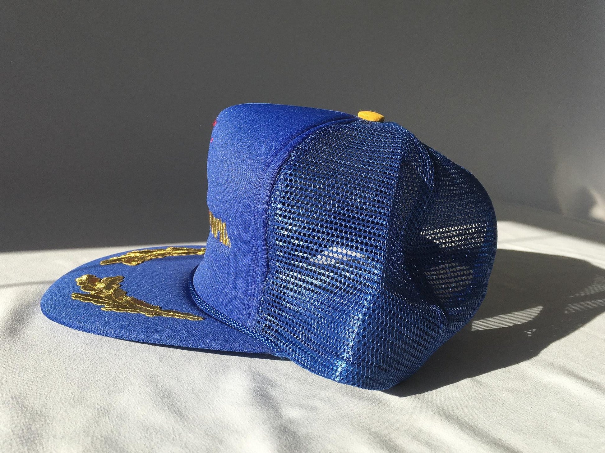 Vintage 80s Walt Disney World Blue Castle Mesh Trucker Flatbrim Snapback Hat, Vintage Disney Apparel