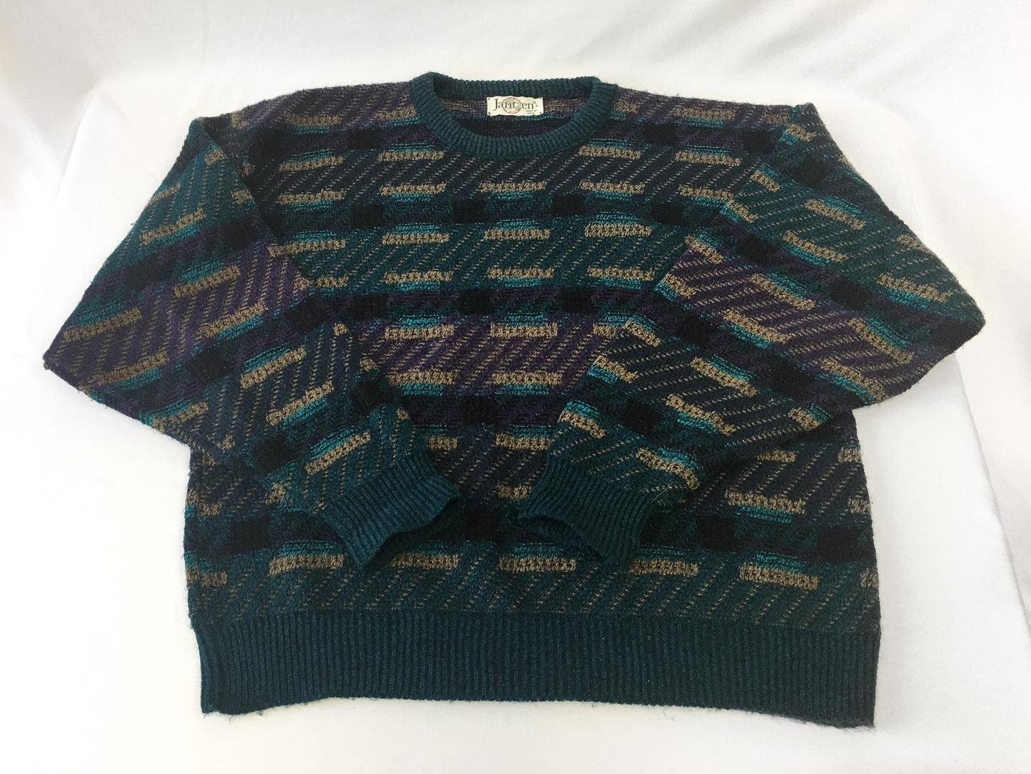 Vintage 90s Jantzen Green and Purple Abstract Geometric Print Sweater, Sz. L, Vintage Grandpa Sweater