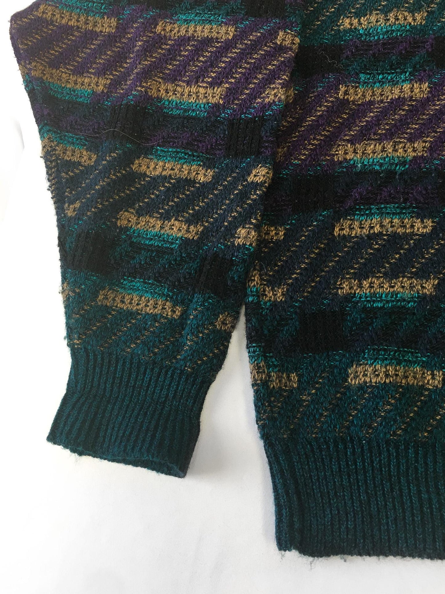 Vintage 90s Jantzen Green and Purple Abstract Geometric Print Sweater, Sz. L, Vintage Grandpa Sweater