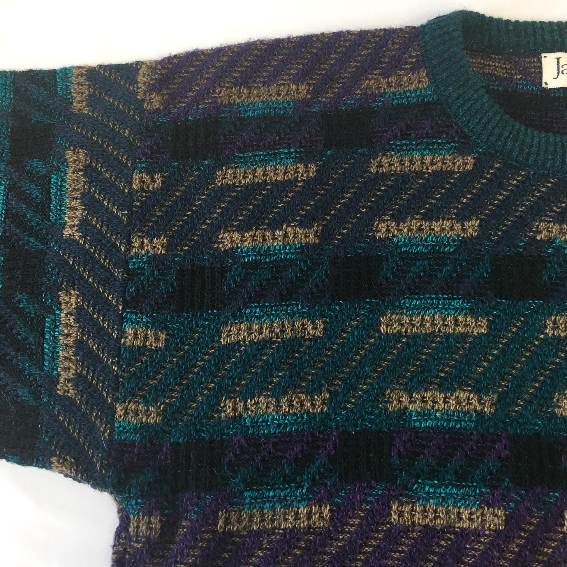 Vintage 90s Jantzen Green and Purple Abstract Geometric Print Sweater, Sz. L, Vintage Grandpa Sweater