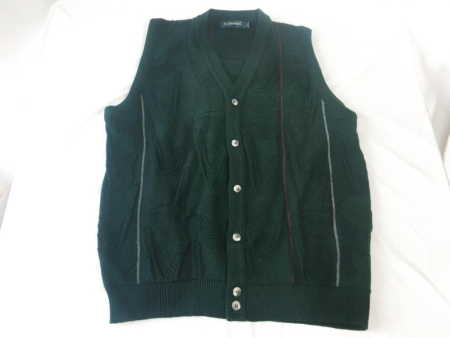 Vintage 90s Carmel Forest Green Golf Club Knit Detail Striped Button Cardigan Sweater Vest, Men's Sz. L