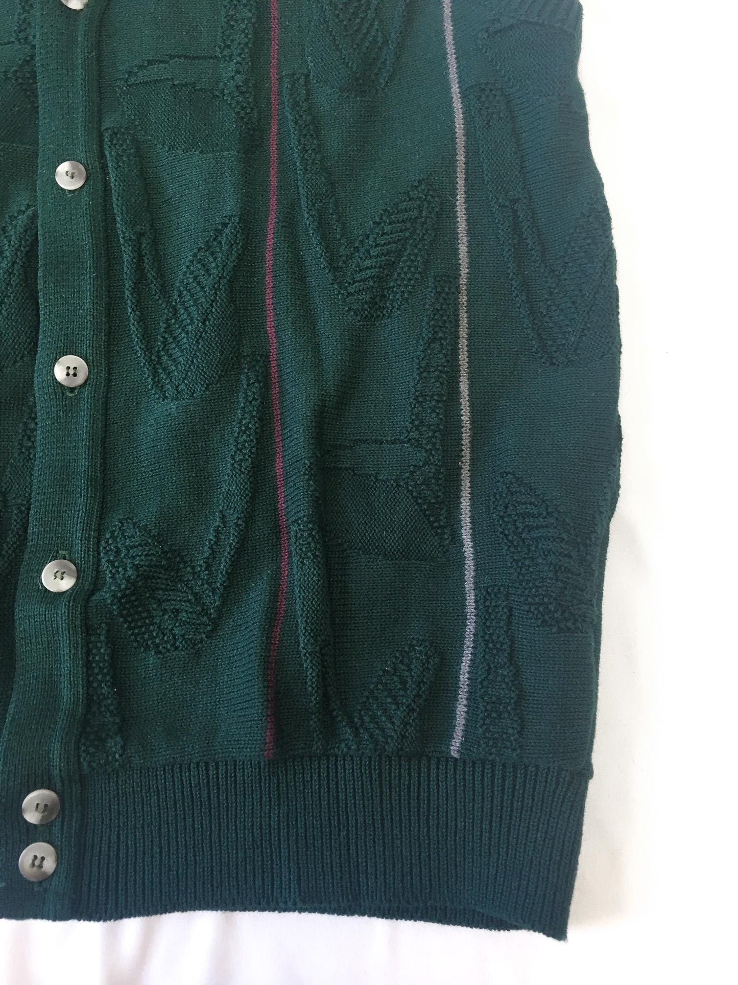 Vintage 90s Carmel Forest Green Golf Club Knit Detail Striped Button Cardigan Sweater Vest, Men's Sz. L