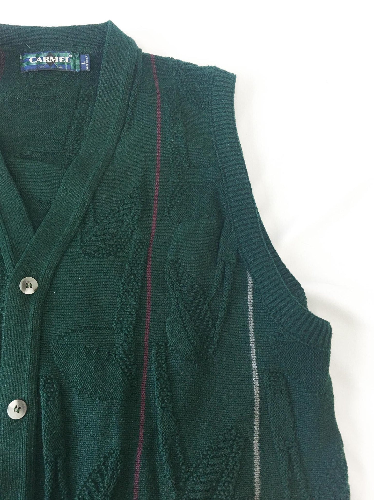 Vintage 90s Carmel Forest Green Golf Club Knit Detail Striped Button Cardigan Sweater Vest, Men's Sz. L