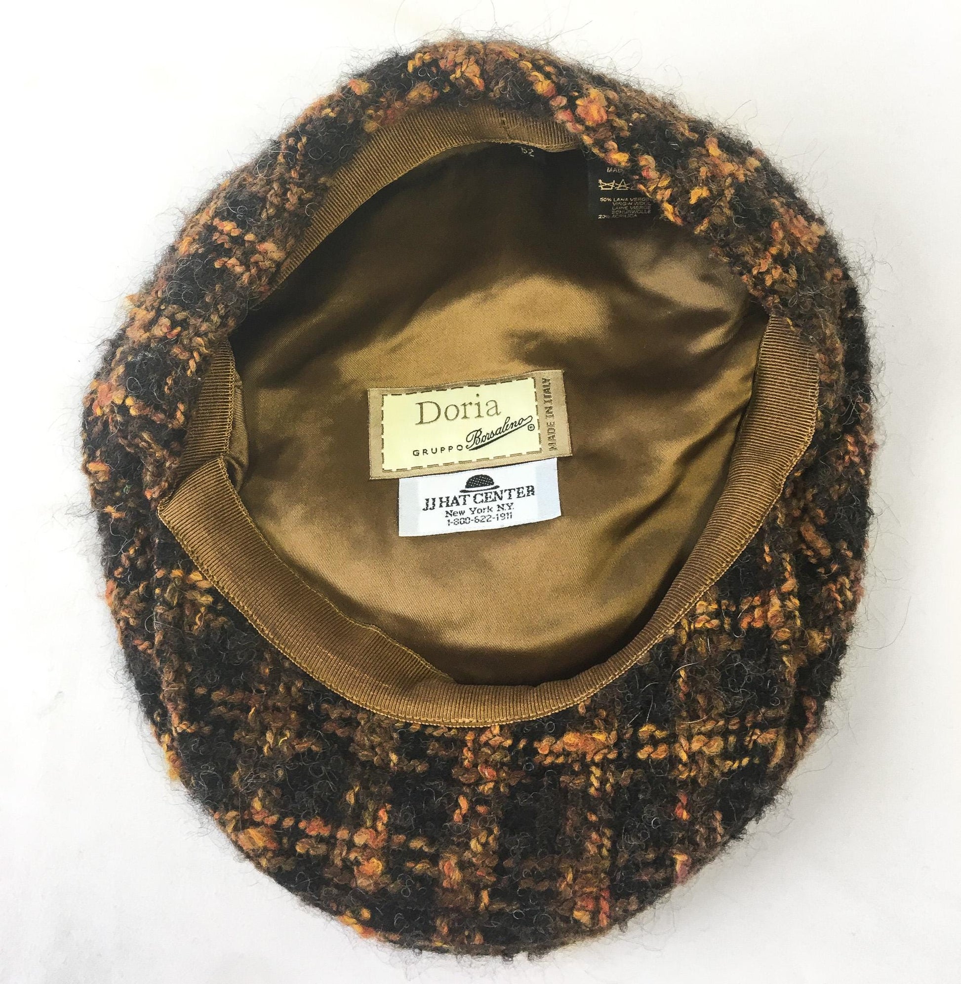 Vintage Doria Gruppo Borsalino Brown Orange Plaid Wool Mohair Newsboy Cap, Sz. 7 3/4