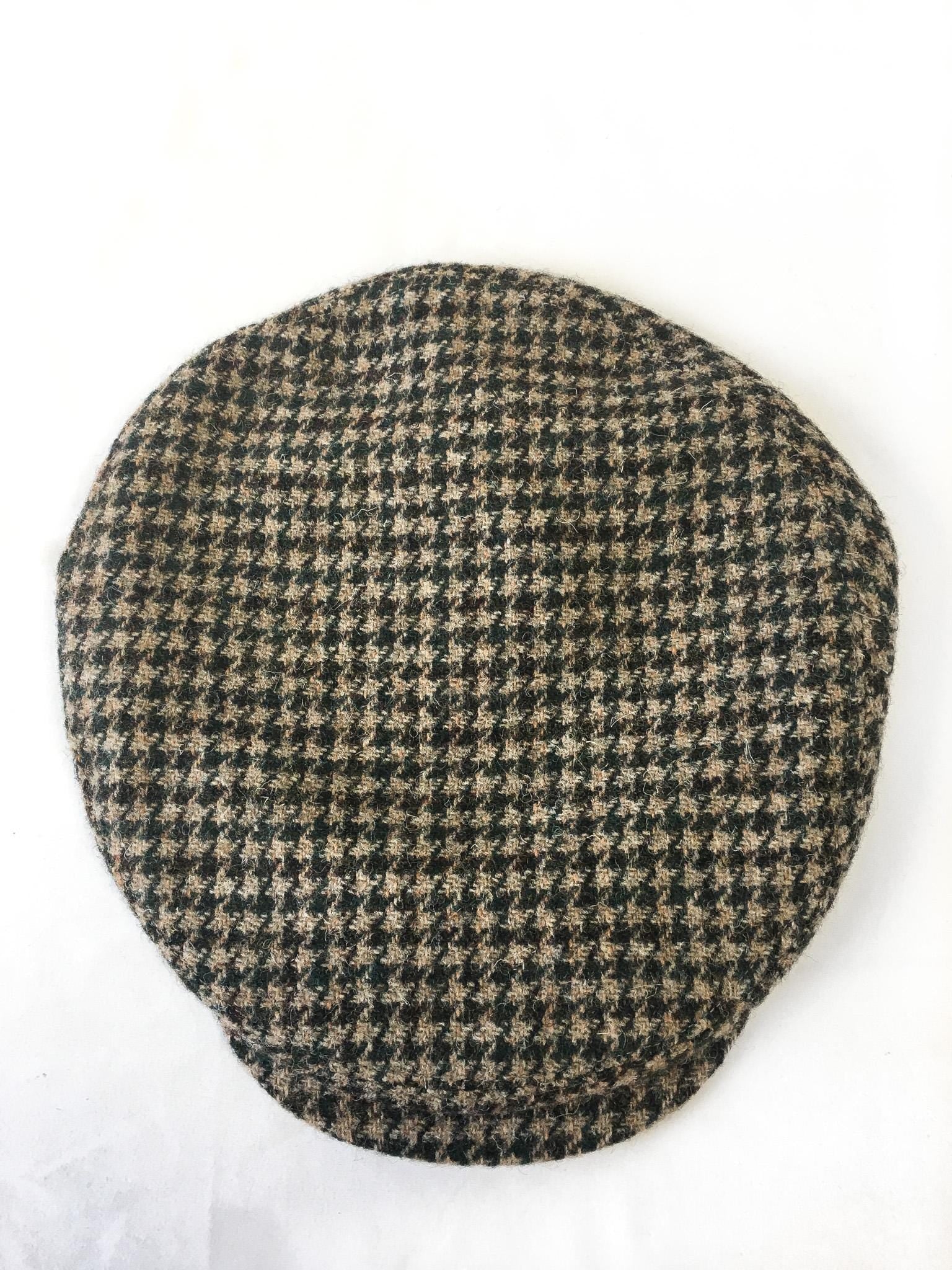 Vintage Harris Tweed Green and Brown Houndstooth Newsboy Drivers Cap, Sz. XL