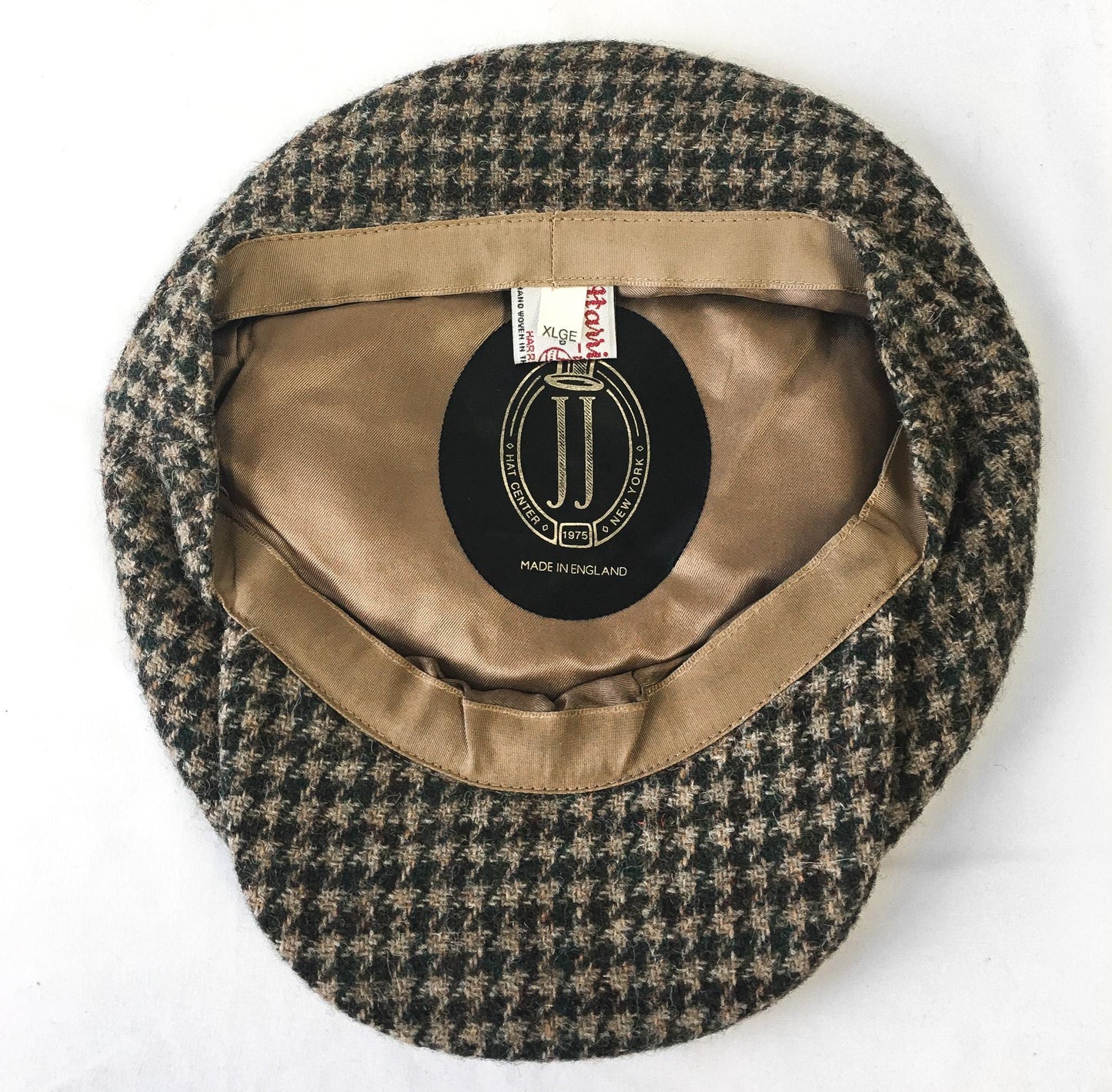 Vintage Harris Tweed Green and Brown Houndstooth Newsboy Drivers Cap, Sz. XL