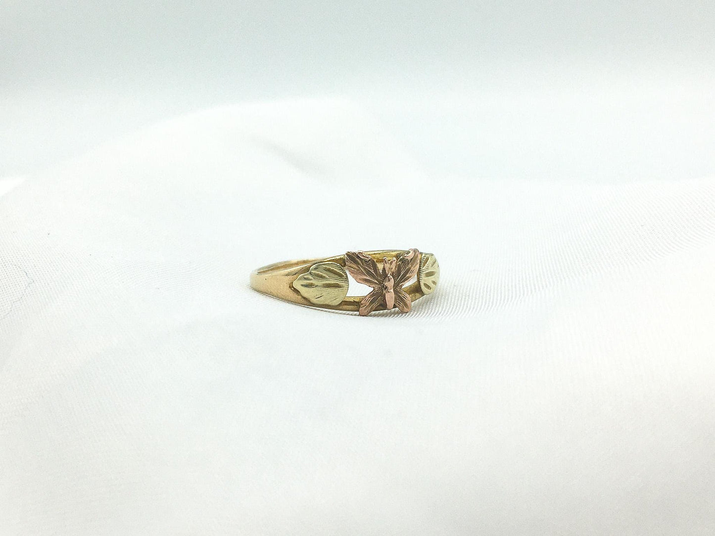 Vintage 10K Black Hills Gold Butterfly and Leaf Ring, Sz. 6.5