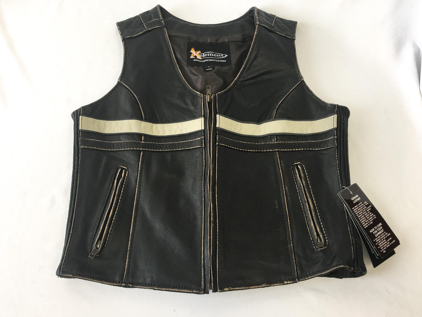 NWT Xelement Distressed Black and Beige Striped Leather Biker Vest, Women's Sz. L, Vintage Motorcycle Vest