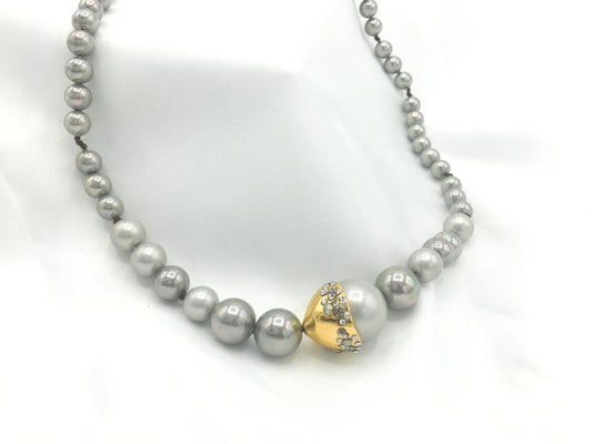 Vintage Alexis Bittar Silver Faux Pearls with Gold Tone Rhinestone Accent Necklace, 16"